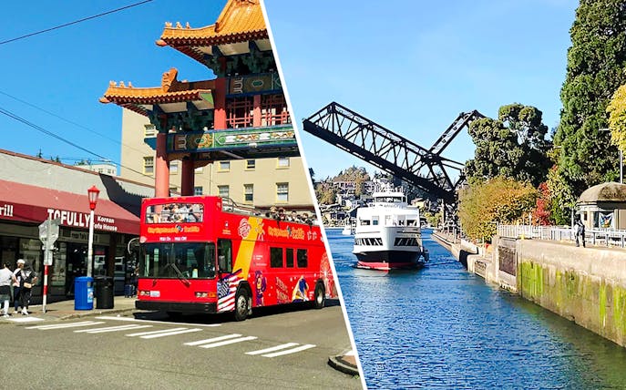 Seattle Hop-on Hop-off bus near Chinatown gate and harbor cruise boat by drawbridge.