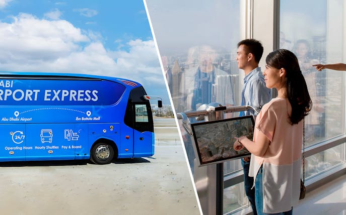 Abu Dhabi Airport Express bus and tourists viewing cityscape from Burj Khalifa.