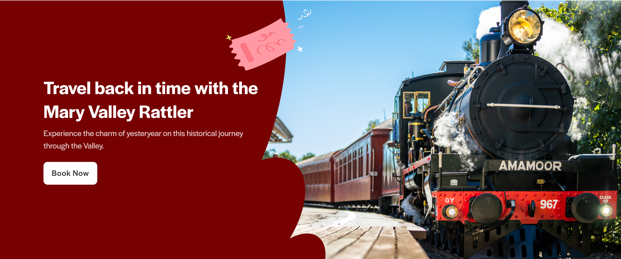 Mary Valley Rattler steam train on tracks, Sunshine Coast, Australia.