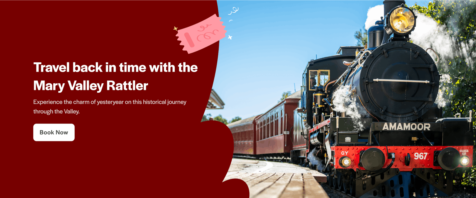 Mary Valley Rattler steam train on tracks, Sunshine Coast, Australia.