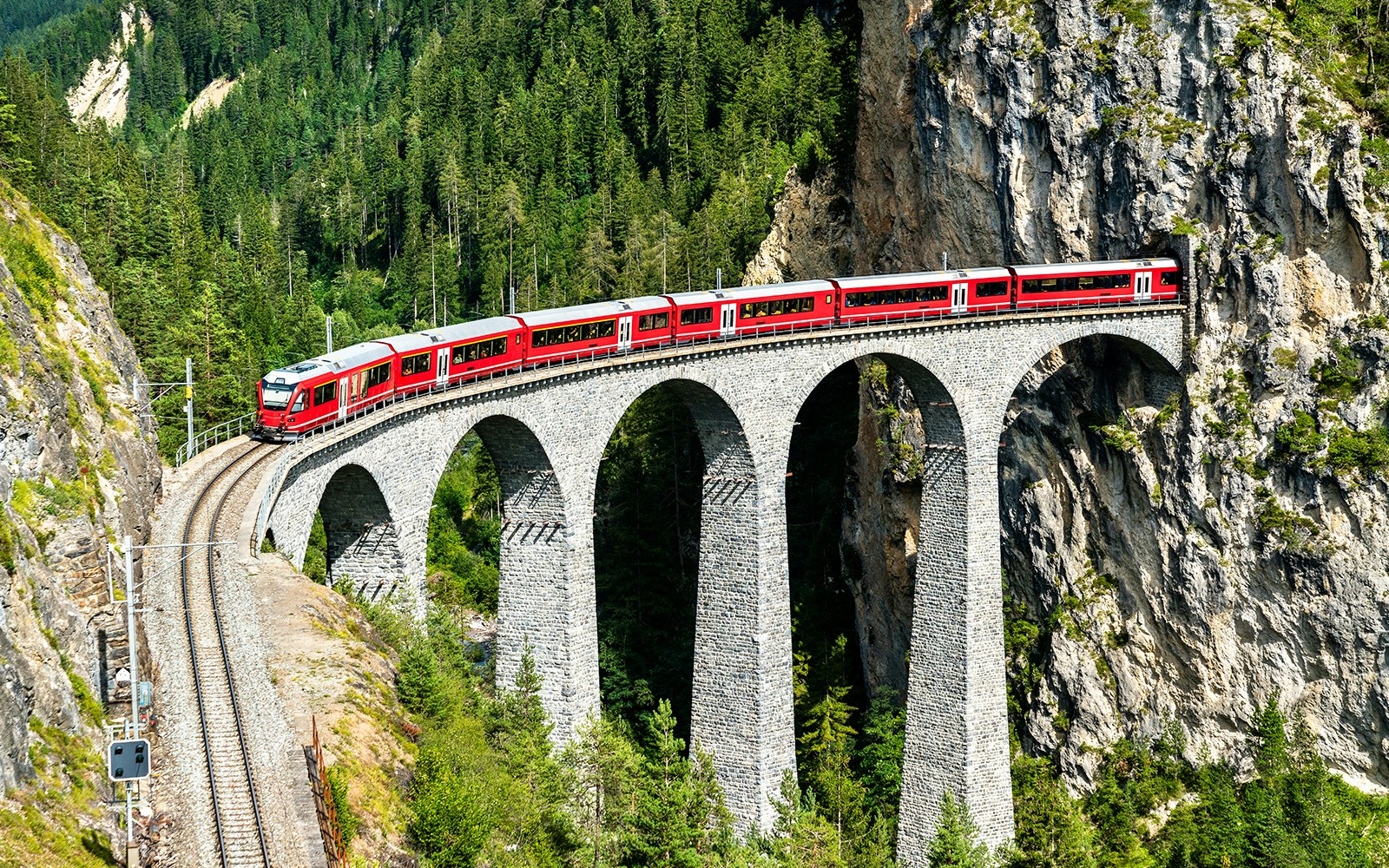 Train in Switzerland Crossing the Landwasser Viaduct