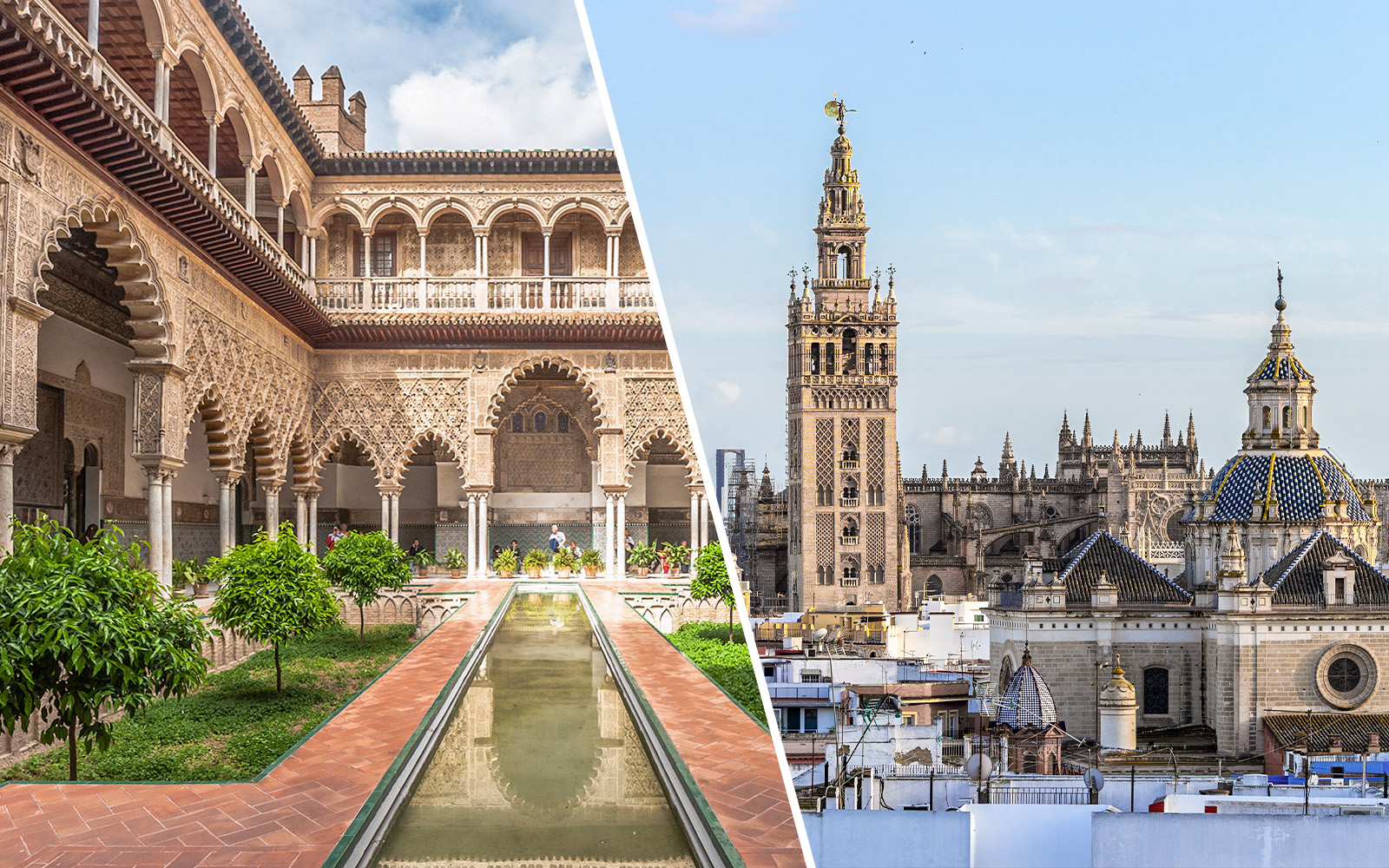 Alcazar of Seville courtyard with Giralda Tower in the background.
