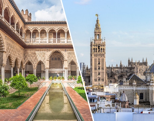 Alcazar of Seville courtyard with Giralda Tower in the background.