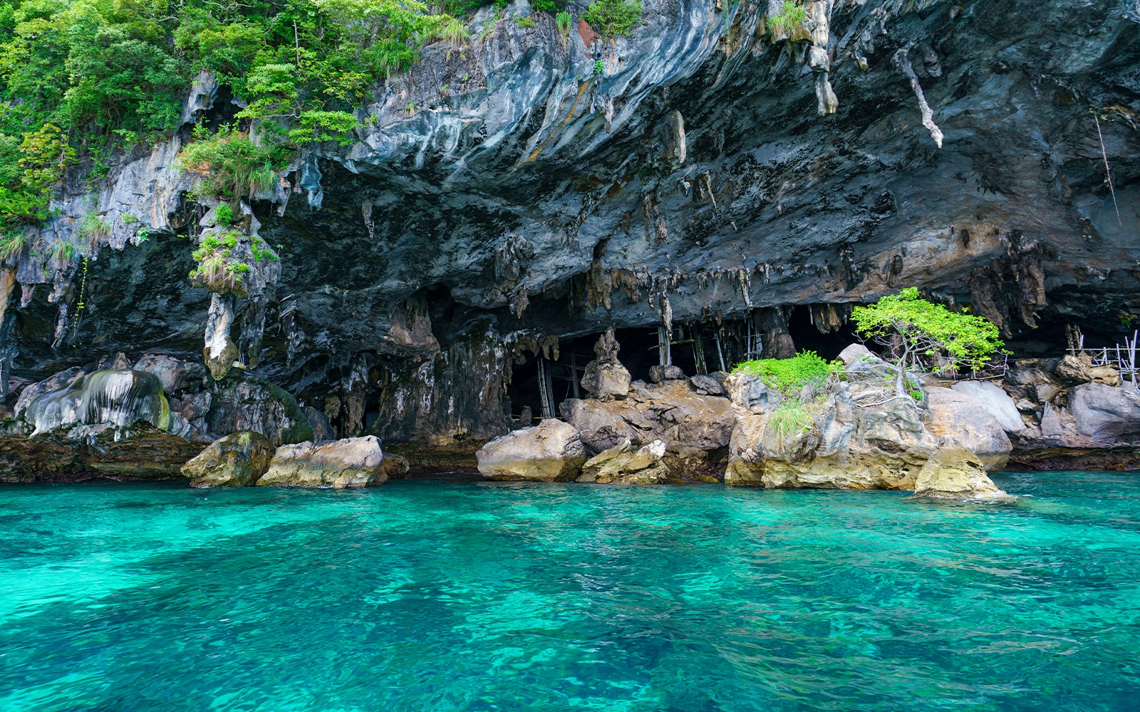 Viking Cave on Maya Bay Island, Phi Phi Island, Thailand, showcasing limestone formations.