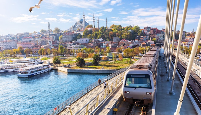 Train crossing bridge towards Hagia Sophia, Istanbul, with cityscape and seagull in view.