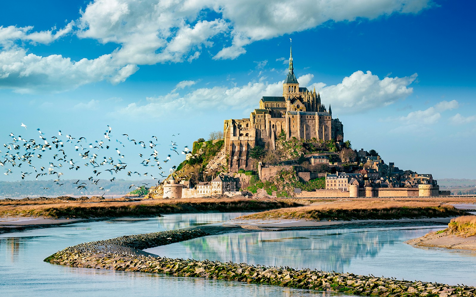 Mont Saint Michel view during guided walking tour, showcasing iconic tidal island and medieval architecture.