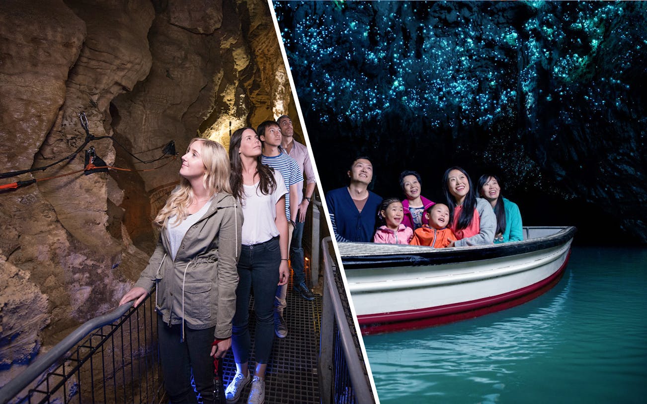Visitors exploring Ruakuri Cave and viewing glowworms in Waitomo Glowworm Caves, New Zealand.
