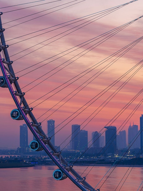 Ain Dubai Ferris wheel with city skyline at sunset.