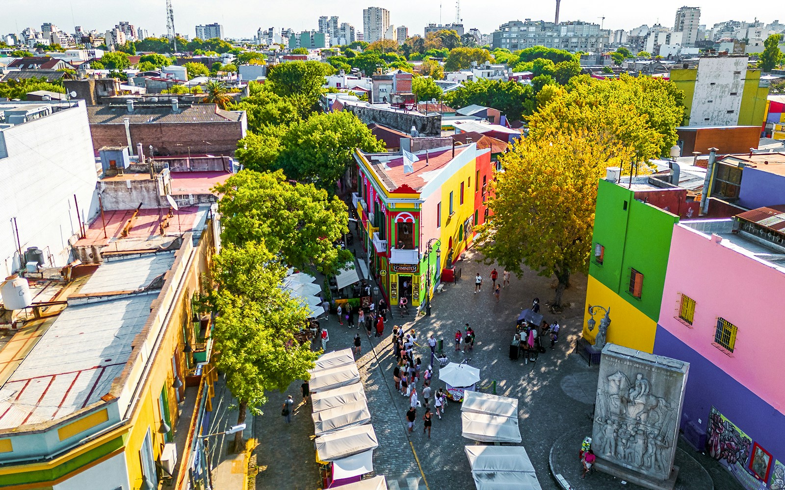 Aerial view of colorful houses in Caminito, La Boca, Buenos Aires, Argentina.