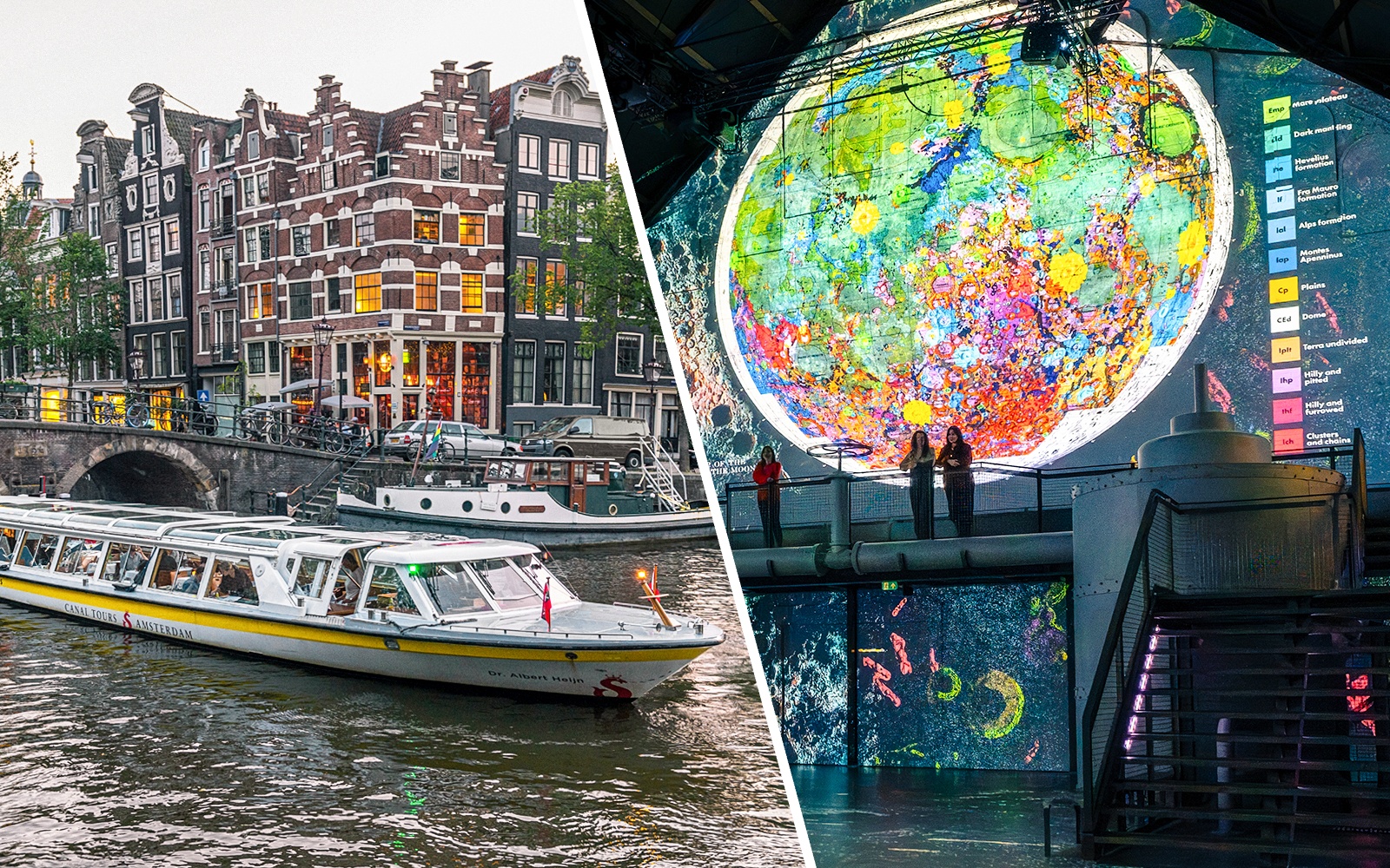 Amsterdam canal cruise boat near historic buildings; guests at Moonwalkers Exhibition, Fabrique des Lumières.