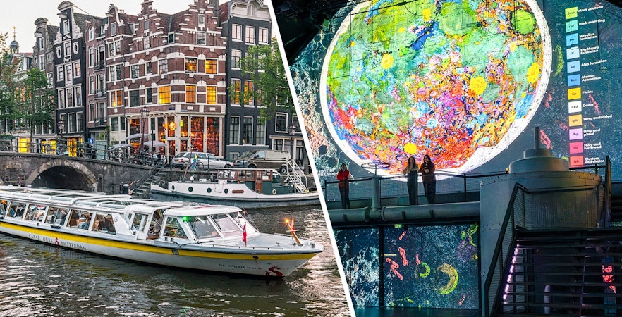 Amsterdam canal cruise boat near historic buildings; guests at Moonwalkers Exhibition, Fabrique des Lumières.