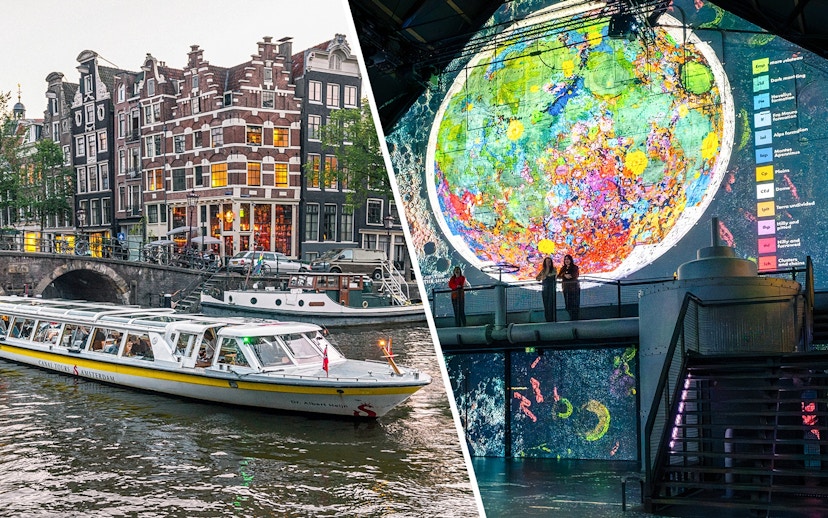 Amsterdam canal cruise boat near historic buildings; guests at Moonwalkers Exhibition, Fabrique des Lumières.