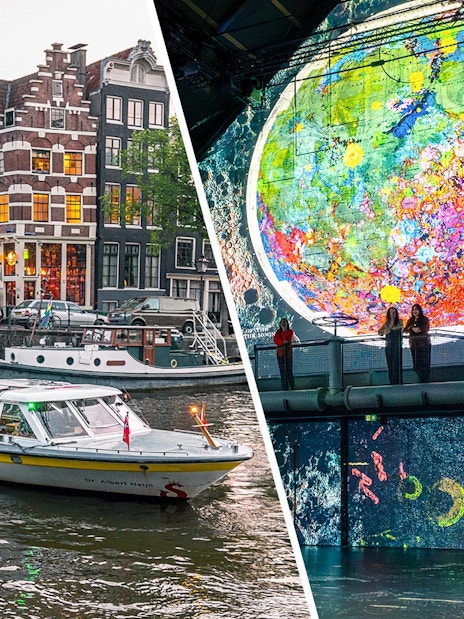 Amsterdam canal cruise boat near historic buildings; guests at Moonwalkers Exhibition, Fabrique des Lumières.