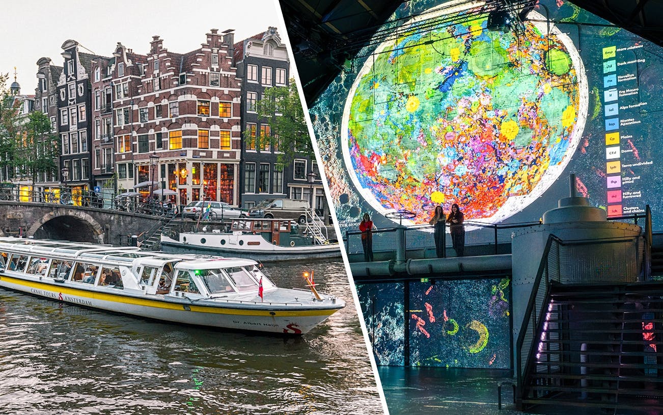 Amsterdam canal cruise boat near historic buildings; guests at Moonwalkers Exhibition, Fabrique des Lumières.