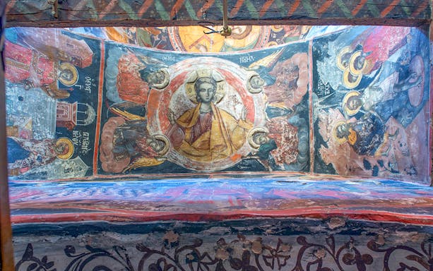 Frescos depicting religious scenes inside Monastery of the Holy Trinity, Meteora, Greece.