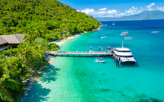 Fitzroy Island pier with tour boat, clear waters, and lush greenery, Cairns day trip.