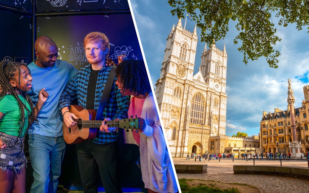 Westminster Abbey in London with a group enjoying a music exhibit indoors.
