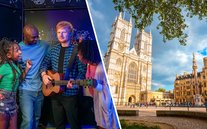 Westminster Abbey in London with a group enjoying a music exhibit indoors.