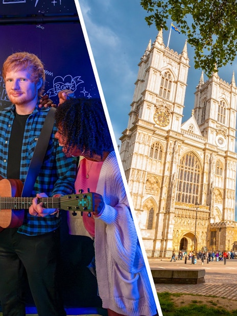 Westminster Abbey in London with a group enjoying a music exhibit indoors.