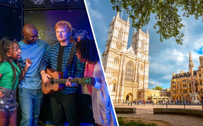 Westminster Abbey in London with a group enjoying a music exhibit indoors.