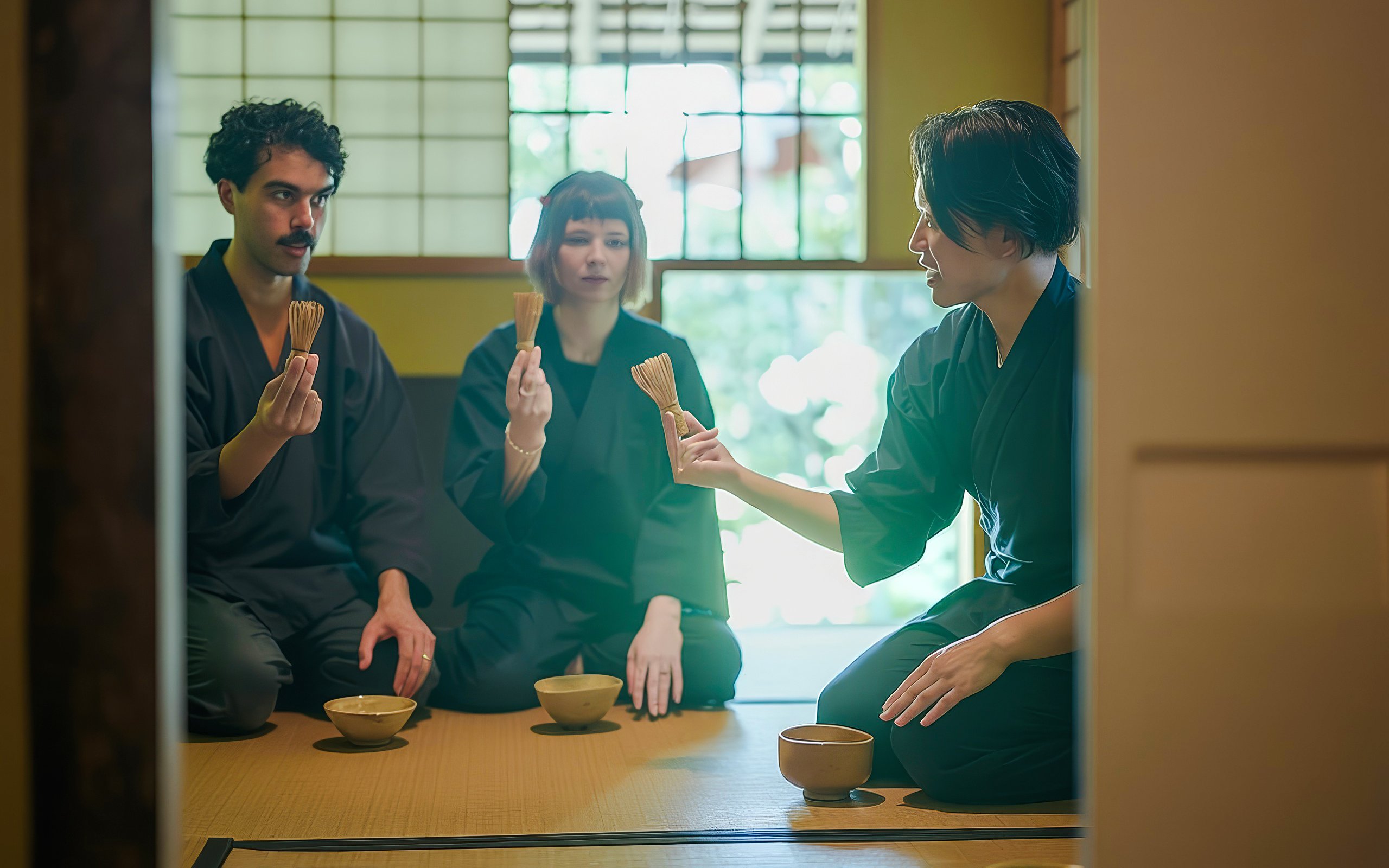 Guests participating in a private tea ceremony with traditional tools in Japan.