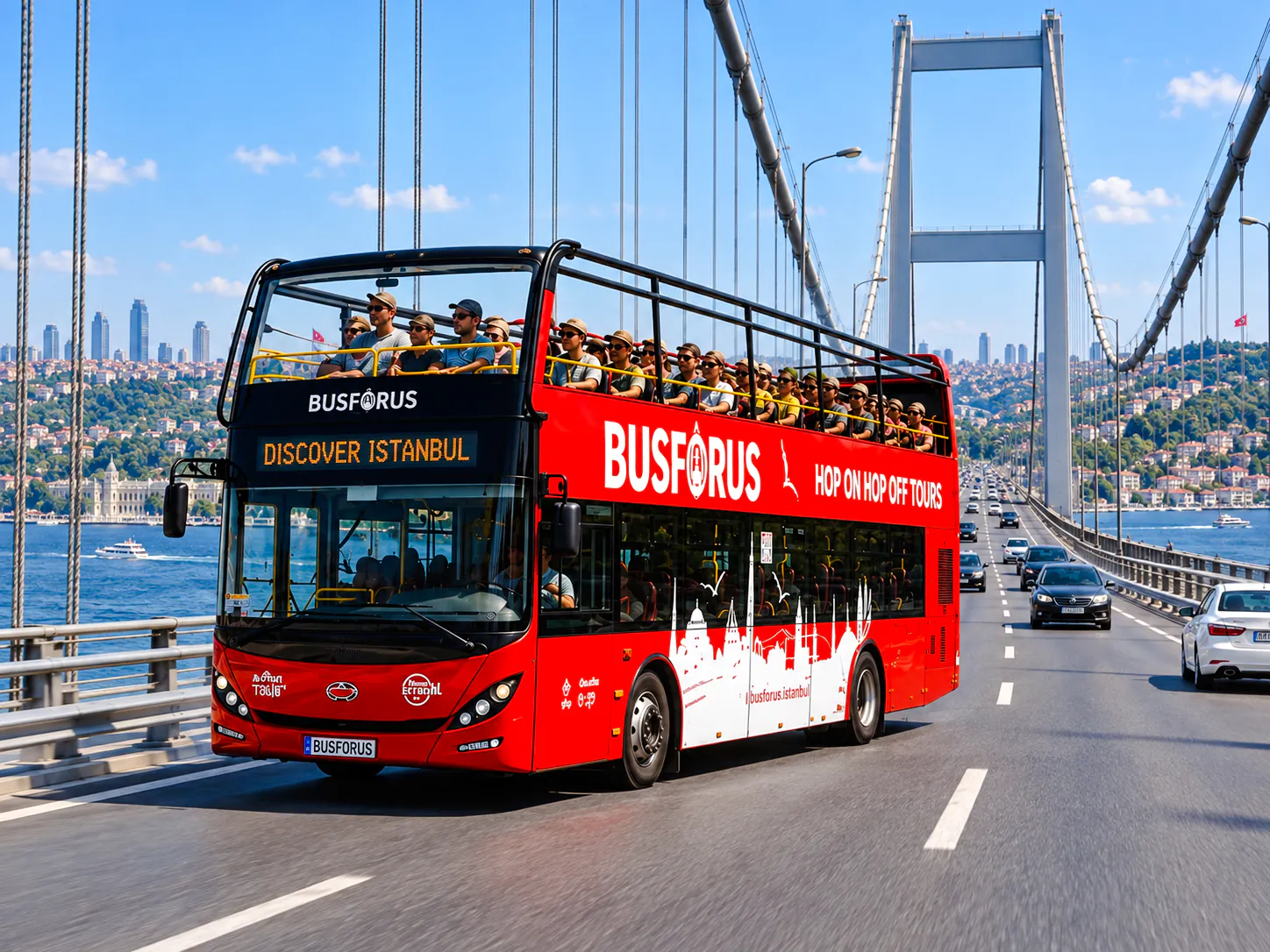 Open-top tour bus crossing Bosphorus Bridge in Istanbul.