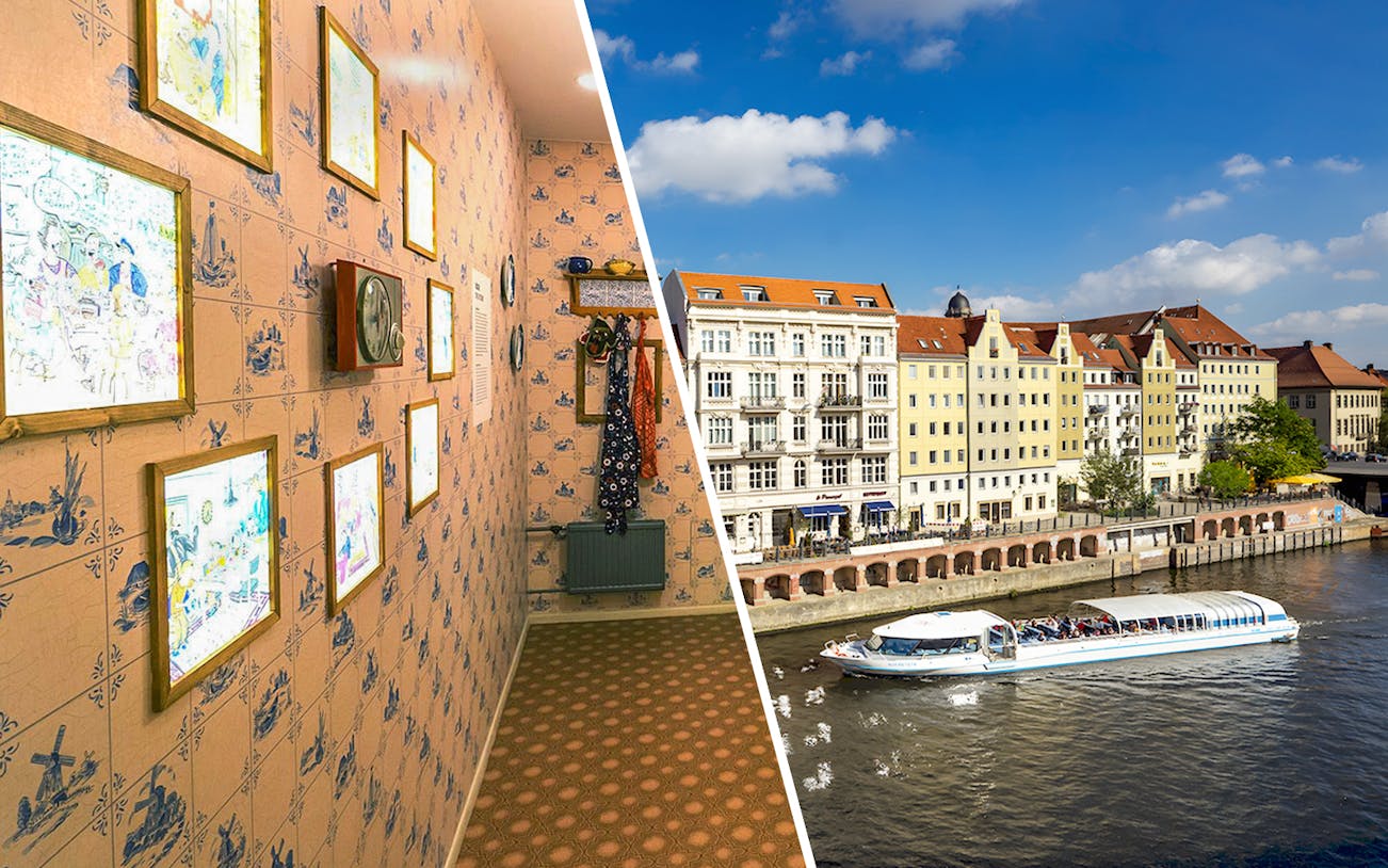 Museum exhibit with framed art and a river cruise boat in Berlin, Germany.