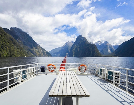 Tourists enjoying a Premium Milford Sound Cruise amidst the stunning fjords of New Zealand