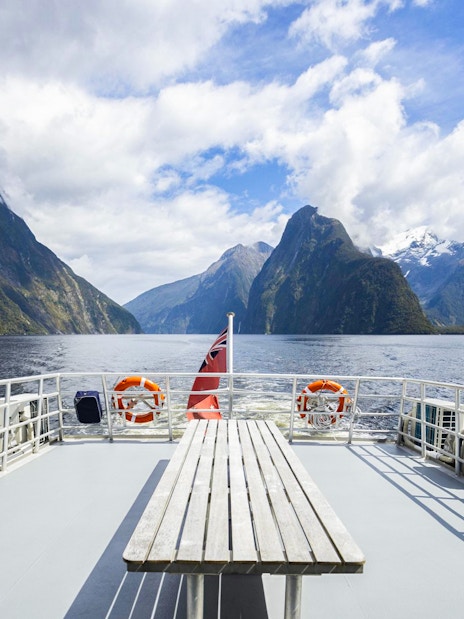 Cruise deck view of Milford Sound fjords in New Zealand with clear skies.