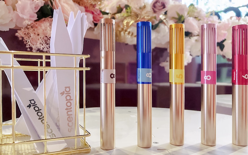 Perfume bottles and scent strips at Scentopia Sentosa.