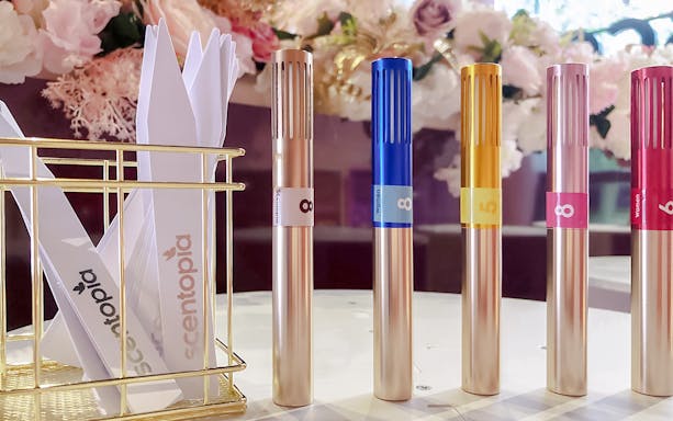 Perfume bottles and scent strips at Scentopia Sentosa.