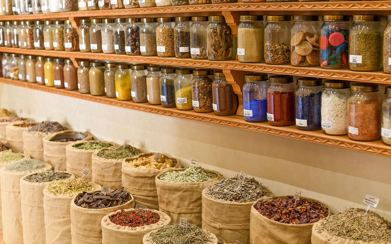 Jars of dried seeds and spices at the Moroccan Museum of Culinary Arts.