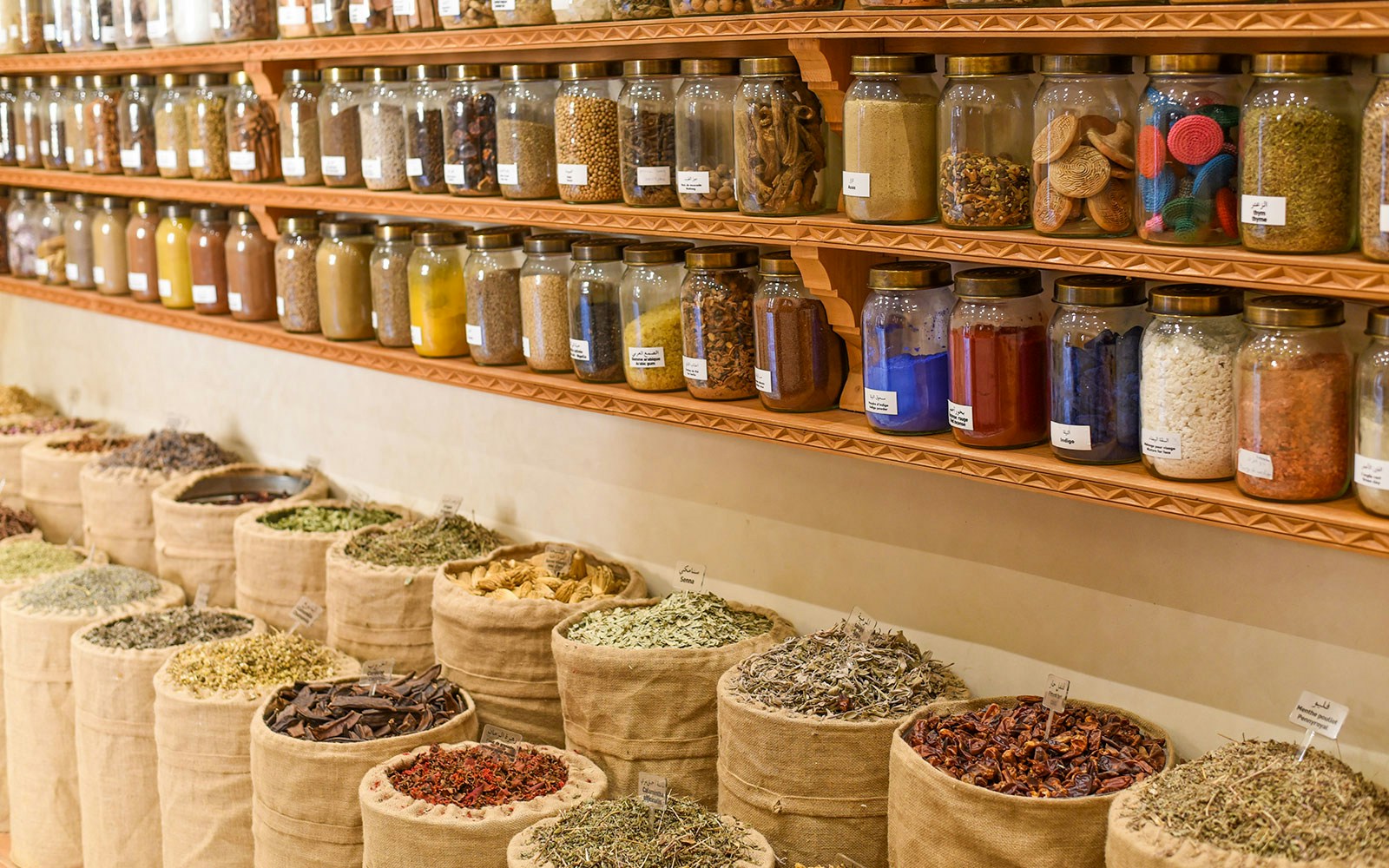 Jars of dried seeds and spices at the Moroccan Museum of Culinary Arts.