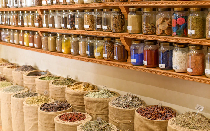 Jars of dried seeds and spices at the Moroccan Museum of Culinary Arts.