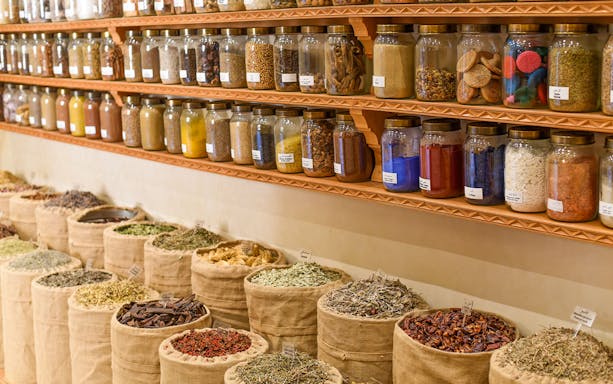 Jars of dried seeds and spices at the Moroccan Museum of Culinary Arts.