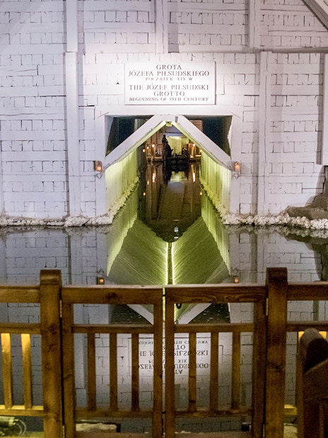 Wieliczka Salt Mine's Józef Piłsudski Grotto with reflective water, Krakow tour.