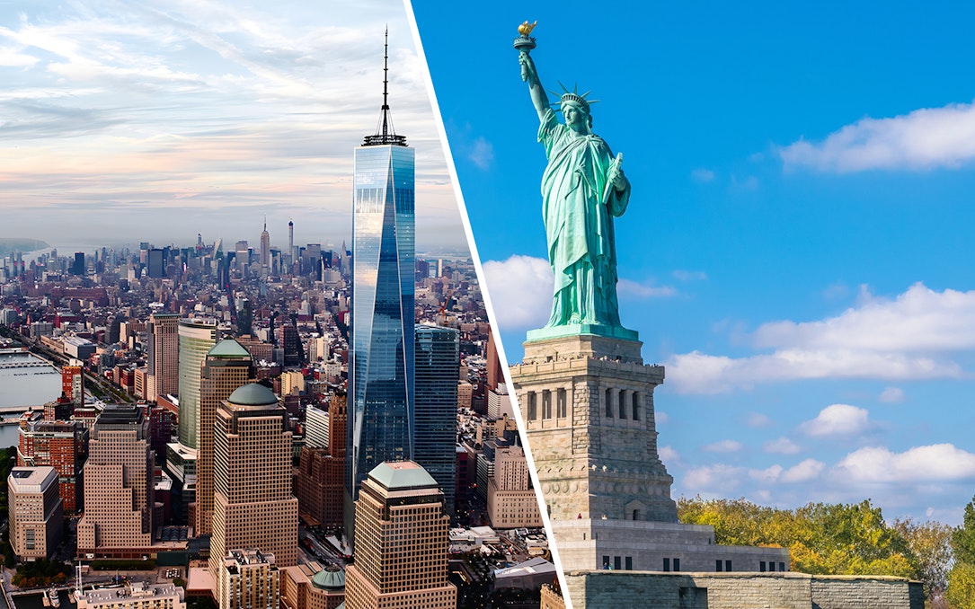 One World Observatory and Statue of Liberty in New York City.