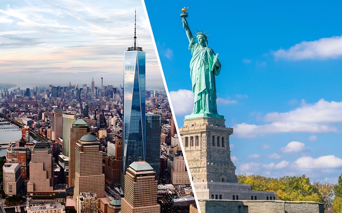 One World Observatory and Statue of Liberty in New York City.