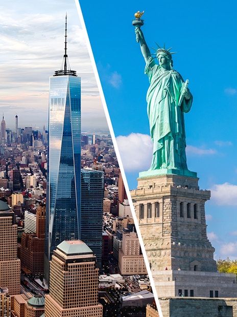 One World Observatory and Statue of Liberty in New York City.
