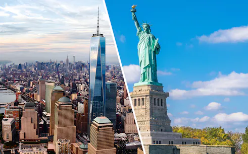 One World Observatory and Statue of Liberty in New York City.