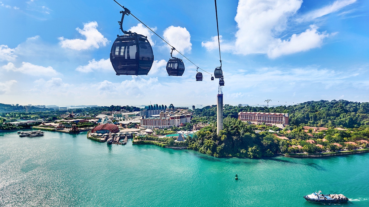 Singapore Cable Car over Sentosa Island with view of Universal Studios.