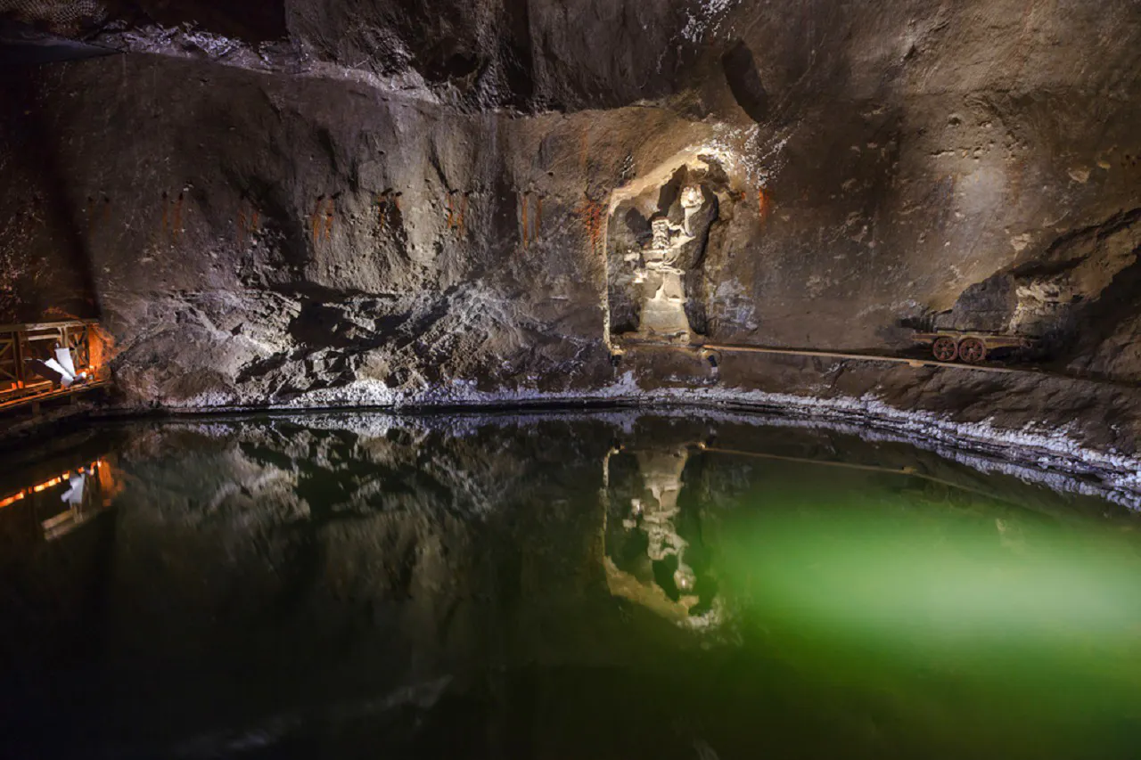 Wieliczka Salt Mine underground lake and rock formations, Krakow tour.