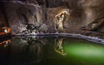 Wieliczka Salt Mine underground lake and rock formations, Krakow tour.