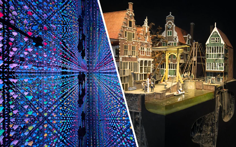 Moco Museum light installation and Miniature Museum Amsterdam canal scene.