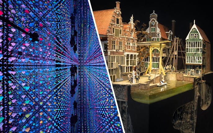 Moco Museum light installation and Miniature Museum Amsterdam canal scene.