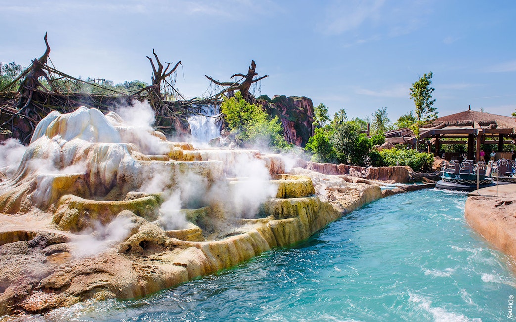 Steaming rock formations and water ride at Shanghai Disney.