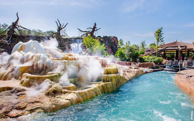 Steaming rock formations and water ride at Shanghai Disney.