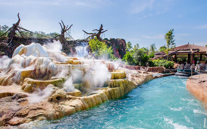 Steaming rock formations and water ride at Shanghai Disney.