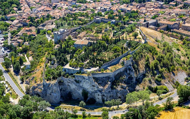 Aerial view of Fort Saint-André in Villeneuve-lès-Avignon, surrounded by medieval walls and lush greenery.
