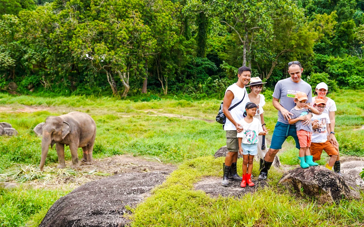 Families enjoying photo opportunities at Bukit Elephant Park with an elephant nearby.